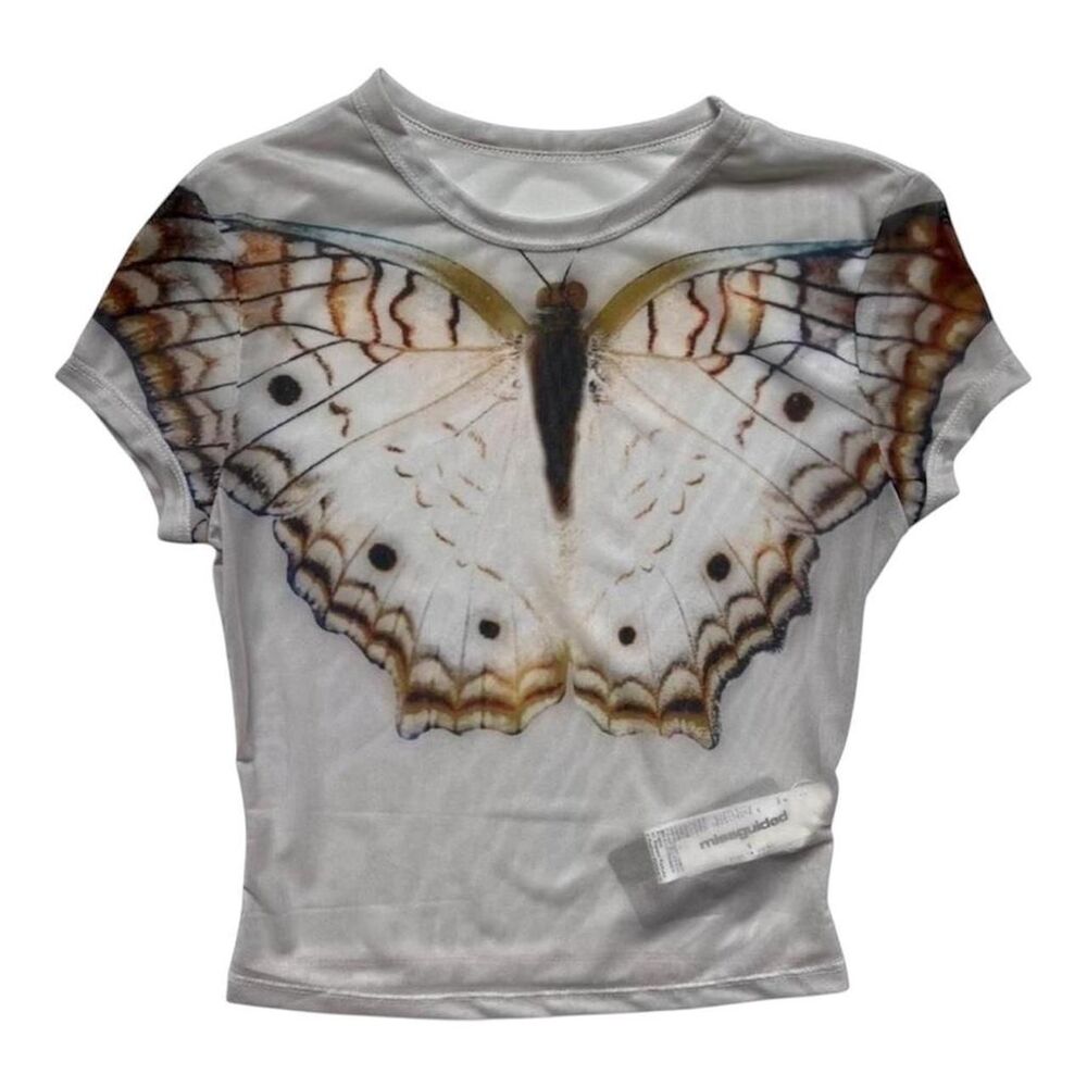White Crop Top Butterfly Graphic  Women's Small